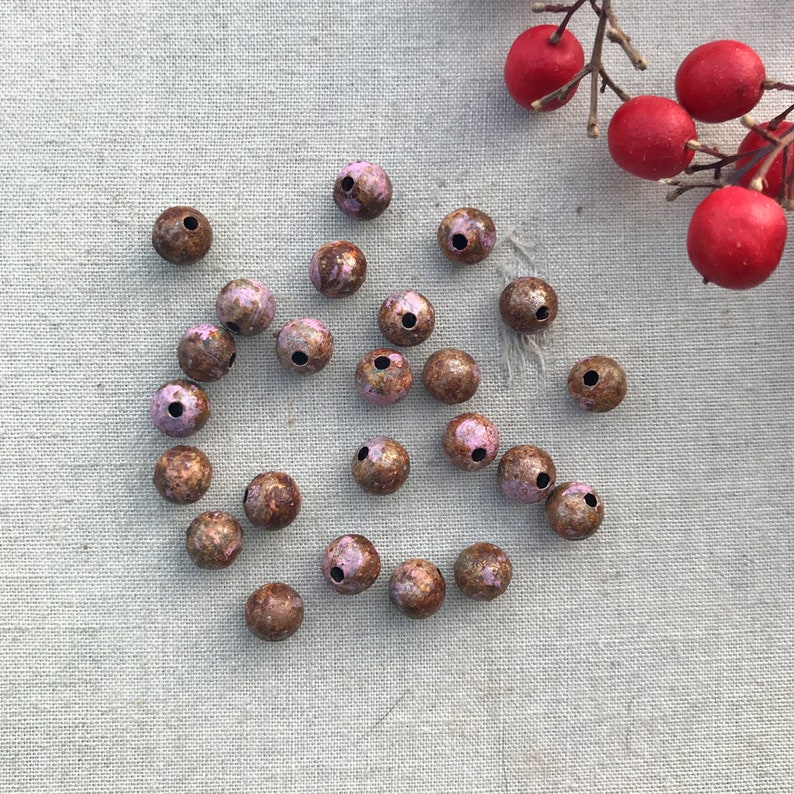 24 Pcs Hollow Metal Beads Dry Gulch Ancient Alchemy Handmade OOAK Boho Beads 6mm Rustic Patina Metal Beads Dusty Pink Patina Beads