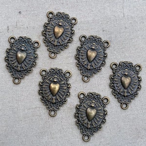 Sacred Heart Connector, Filigree Boho Heart, Rosary Heart Station, Brass Plated Finding, Unique Jewelry Findings, 27x17mm, 6 Pcs, Dry Gulch