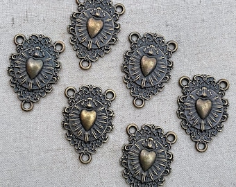 Sacred Heart Connector, Filigree Boho Heart, Rosary Heart Station, Brass Plated Finding, Unique Jewelry Findings, 27x17mm, 6 Pcs, Dry Gulch
