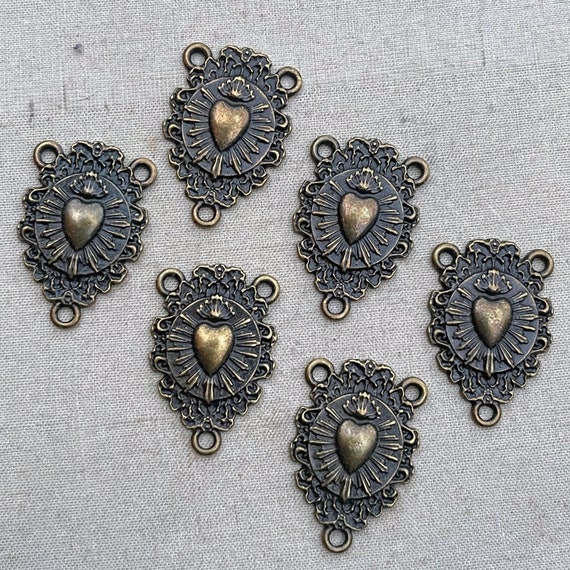 Sacred Heart Connector, Filigree Boho Heart, Rosary Heart Station, Brass Plated Finding, Unique Jewelry Findings, 27x17mm, 6 Pcs, Dry Gulch