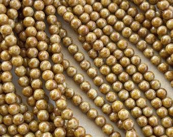 6mm Picasso Czech Beads, Czech Round Druk Beads, 6mm Czech Glass Beads, Picasso Czech, 6mm, 25Pcs, Dry Gulch, Caramel Picasso