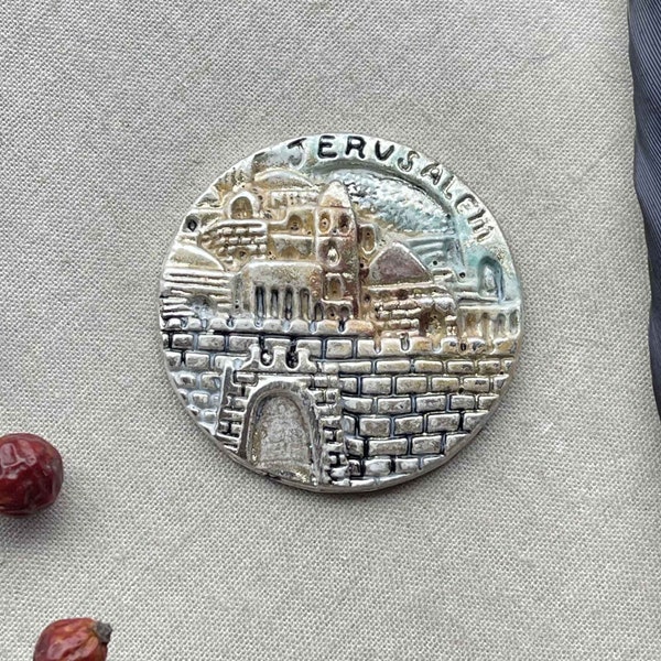 Jerusalem Cabochon, Hebrew Pendant, Jerusalem Pendant, Artisan Patina, Jerusalem Medallion, Antique Silver Plated, 35mm, 1Pc, Dry Gulch