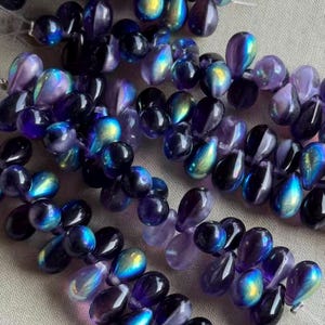 Purple AB Drop Beads, Dark Purple Drop Beads, Purple Czech Drop Beads, 9x6mm Czech Drops, 25Pcs, Dry Gulch, Amethyst Marble AB