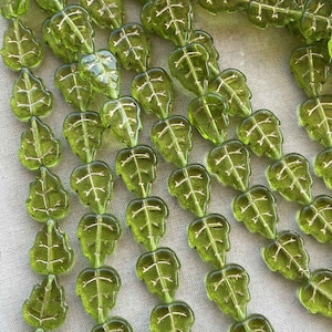 Green Gold Czech Glass Leaf Beads, Green Pumpkin Leaf Beads, 12x10mm Pressed Glass Leaves, 12Pcs, Dry Gulch, Gilded Olivine