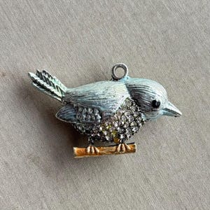 Rhinestone Bluebird, Artisan Bluebird, Rustic Wren Pendant, Turquoise Patina Bird Pendant, Rhinestone Bird, 1 Piece, Dry Gulch, Efron
