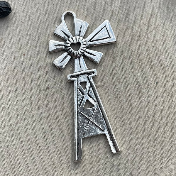 Silver Windmill Heart Pendant, Vintage Style Windmill Pendant, 64x29mm Pendant, Antique Silver Plated, Dry Gulch, 2 Pcs