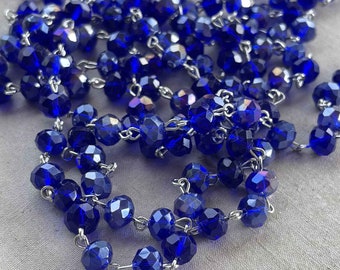 Riviera Cobalt, Cobalt Blue Crystal Bead Chain, Sapphire Bead Chain, 8mm Rondelle Crystals, Easy Open Eyepin Silver Chain, 1 Ft, Dry Gulch