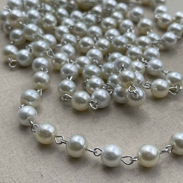 Classica, White Ivory Cream Pearl Rosary Chain, Glass Pearl Beaded Jewelry Chain, 8mm Eyepin Silver Chain, 1Ft, Dry Gulch