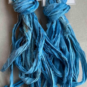 Blue Vintage Sari Ribbon, Torn Crinkled Sari Ribbon, Medium Blue Ribbon, Upcycled Sari Ribbon, 8' Feet Bundle, Dry Gulch, Venetian Blue