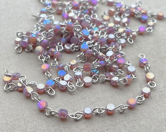 It's Mauvelous, TINY Mauve Crystal Coin Beaded Chain, Crystal Coin Rosary Chain, 4x2mm Crystal Coins, Eyepin Silver Chain, 1Ft, Dry Gulch