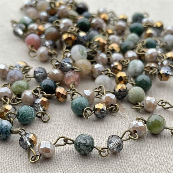 Shimmering Forest, Jasper Stone Beaded Chain, Crystal Stone Rosary Chain, 6mm Natural Fancy Jasper, Eyepin Brass Chain, 1 Foot, Dry Gulch