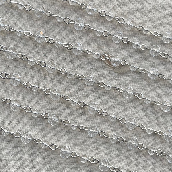 Crystalless, Small Clear Rosary Chain, Crystal Bead Chain, 4mm & 6mm Rondelle Crystals, Easy Open Eyepin Silver Chain, 1 Foot, Dry Gulch