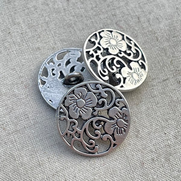 Funky Flower Boho Button, Decorative Flower Button, Silver Plated Metal Alloy Button, 19mm Button, 5 Pcs, Dry Gulch, 67806