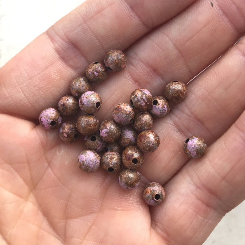 24 Pcs Hollow Metal Beads Dry Gulch Ancient Alchemy Handmade OOAK Boho Beads 6mm Rustic Patina Metal Beads Dusty Pink Patina Beads