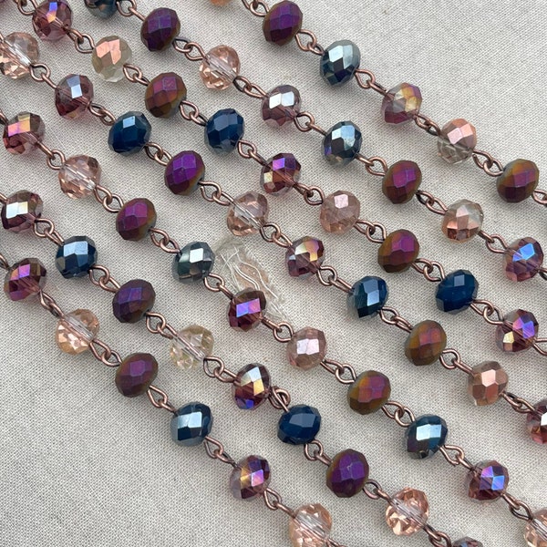 Odyssey, Vintage Purple Crystal Beaded Chain, Purple Chain, Easy Open Eyepin Copper Chain, 8mm Rondelle Crystal, Dry Gulch, 1 Foot