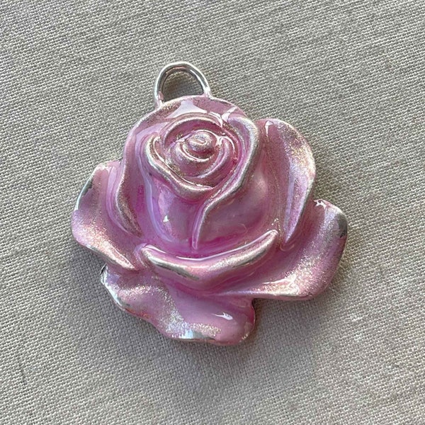 Pink Rose Pendant, Pastel Rose, Artisan Rose Pendant, Pink Patina Flower, Handmade OOAK Artisan Rose, 35mm, Dry Gulch, 1 Pc, Camelot