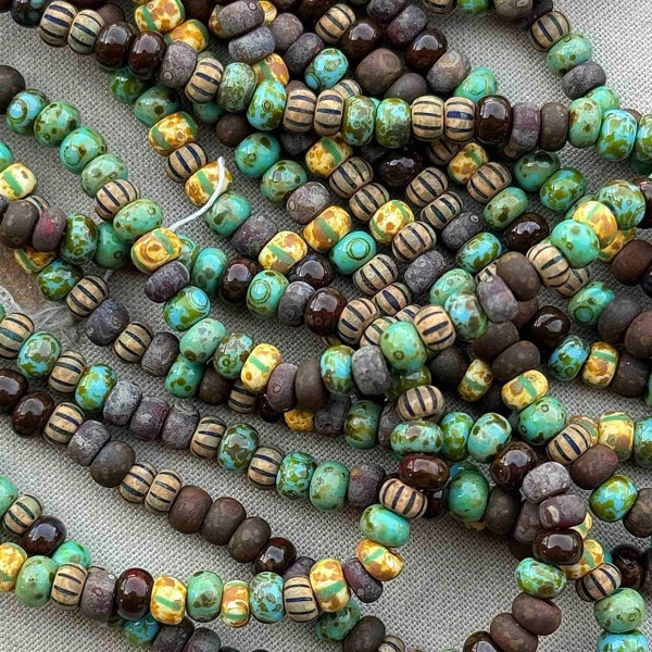 Turquoise Mix Size 6/0 Czech Seed Beads, 4mm Czech Glass Picasso Beads, Full Strand of 200-210 Beads, Dry Gulch, Turquoise Earth Mix