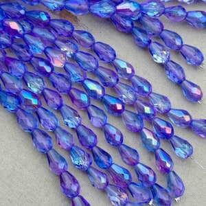 Deep Blue AB Teardrop Beads, Czech Fire Polish Beads, 10x7mm Teardrops, Czech Glass Drops, Dry Gulch, 12 Pcs, Enchanted Violets