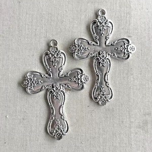 Vintage Style Spoon Cross Pendant, Victorian Style Cross, Shabby Cottage Chic Jewelry, Silver Plated Focal, BIG 77x53mm, 2Pcs, Dry Gulch