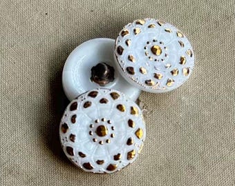 Gold White Mandala Button, Czech Glass, 18mm, 1Pc, Dry Gulch, Gilded Alabaster