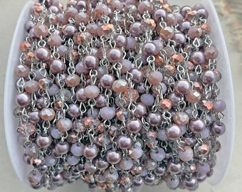 Dusty Mauve, Copper Pearl Rosary Chain, Dusty Pearl Crystal Beaded Jewelry Chain, 6mm Eyepin Silver Chain, 1 Foot, Dry Gulch