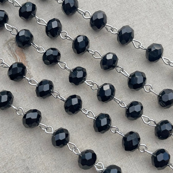 Ebony, Classic Black Crystal Rosary Chain, Black Rosary Chain, 8mm Rondelle Crystal, Easy Open Eyepin Silver Chain, 1 Foot, Dry Gulch