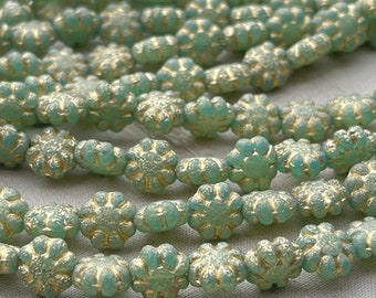 Green Cactus Rose Beads, Etched Cactus Czech Beads, Cute Flower Beads, Czech Table Cut Beads, 8mm, Dry Gulch, 12 Pcs, Sage Gold Wash