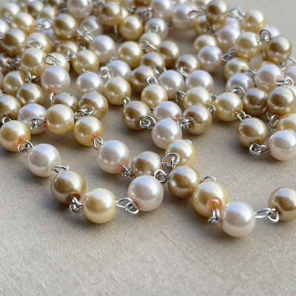 Champagne Silk, Beige Taupe Cream Pearl Rosary Chain, Glass Pearl Beaded Jewelry Chain, 8mm Eyepin Silver Chain, 1Ft, Dry Gulch