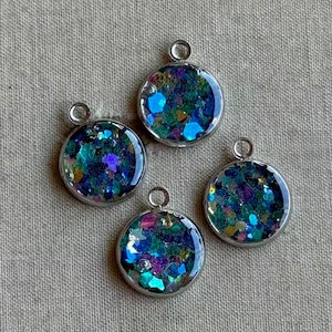 Blue Hour, Tiny Artisan Glitter Charms, Handmade Glitter Bezels, Hand Poured Resin Charms, Silver Plated Trays, 14x17mm, Dry Gulch, 4Pcs