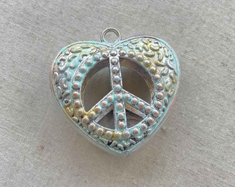 Turquoise Peace Heart Pendant, Patina Hippie Heart, Boho Heart Pendant, Rustic Heart Pendant, 47x47mm, 1Pc, Dry Gulch, Turquoise