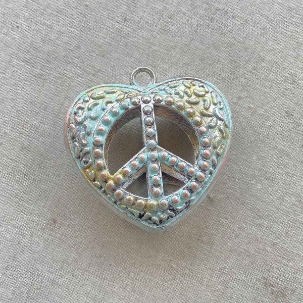 Turquoise Peace Heart Pendant, Patina Hippie Heart, Boho Heart Pendant, Rustic Heart Pendant, 47x47mm, 1Pc, Dry Gulch, Turquoise