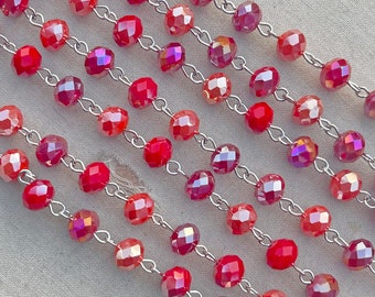 Candy Apple, Red Crystal Rosary Chain, Red Satin Beaded Chain, 8mm Rondelle Crystal, Easy Open Eyepin Silver Chain, Dry Gulch, 1 Ft