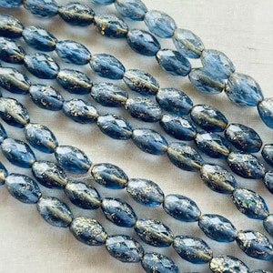 Blue Gold Beads, Fire Polish Oval Czech Glass Beads, 12mm Oval Czech Beads, Faceted Oval Beads, 12x8mm, 12 Beads, Dry Gulch, Gilded Denim