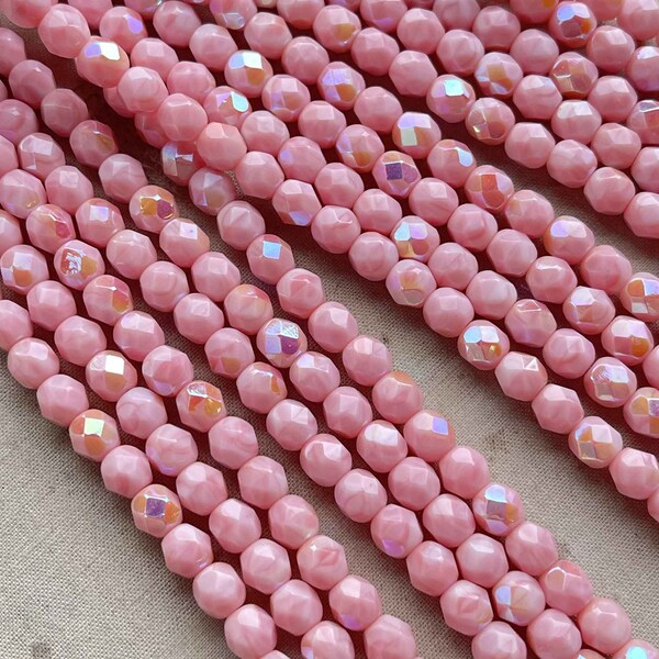 Pink Opal AB Fire Polish Czech Beads, Opal AB Czech Glass Beads, 6mm Faceted Beads, Dry Gulch, 1 Strand of 23-25pcs, Opal Pink AB