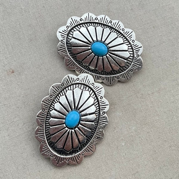 Big Concho Button, Southwestern Concho Button, Turquoise Concho Button, Antique Silver Metal, Faux Turquoise, 44x32mm, 2 Pcs, Dry Gulch