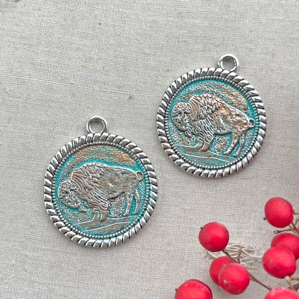 Medium American Bison Coin Medallion Pendant, Patina Buffalo Charm Pendant, Artisan Painted Pendant, 34x29mm, 2pcs, Dry Gulch, Bodie