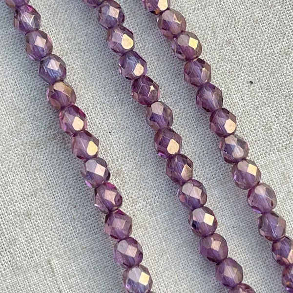 Dark Purple AB Fire Polish Czech Beads, 4mm Czech Glass Beads, Tiny Czech Beads, Dry Gulch, 1 Strand of 50pcs, Mauve Bronze