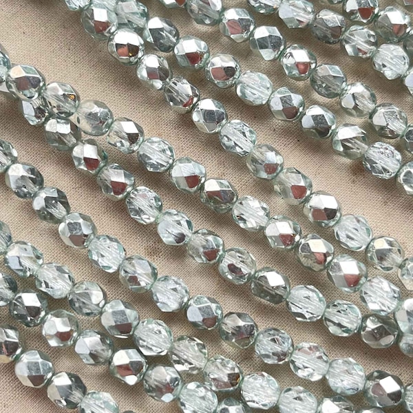 Silver Green Fire Polish Czech Beads, Silver CAL Czech Glass Beads, 6mm Faceted Czech Beads, Dry Gulch, 1 Strand of 23-25pcs, Pale Sage CAL