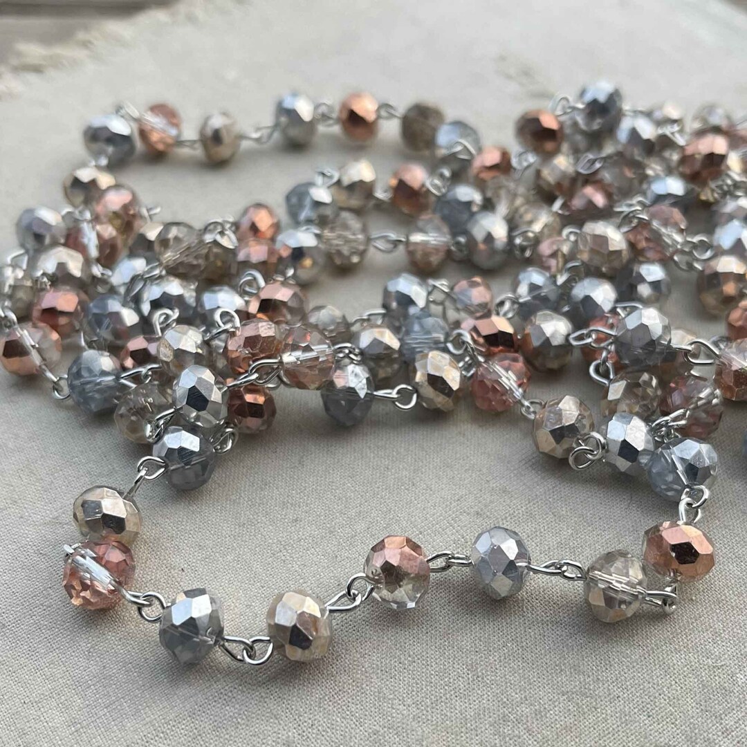 Antiqued, Silver Copper Crystal Rosary Chain, Neutral Crystal Beaded