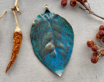 Big Leaf Pendant, Artisan Patina Leaf Pendant, OOAK Artisan Autumn Leaf, Handmade Component, 76x45mm, 1Pc, Dry Gulch, Verdigris