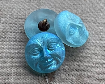 Moon Czech Glass Button, Matte Blue Button, Moon Face Glass Button, 18mm Czech Button, 18mm Button, 1 Pc, Dry Gulch, Matte Aquamarine AB