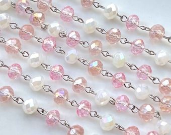 Pink Dogwood, Soft Pink Crystal Beaded Chain, Pink Rosary Chain, 8mm Rondelle Crystal, Easy Open Eyepin Silver Chain, 1 Foot, Dry Gulch