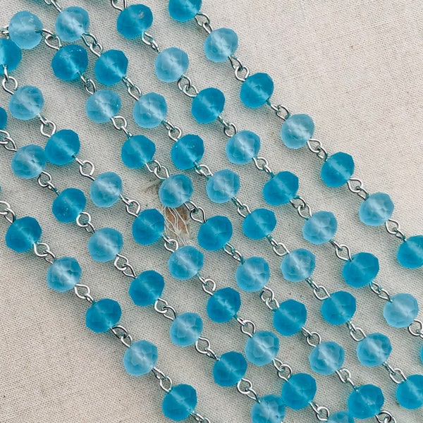 Frosted Aqua Crystal Beaded Chain, Sky Blue Rosary Chain, 8mm Matte Crystal, Easy Open Eyepin Silver Chain, Dry Gulch, 1 Foot, Sea Glass