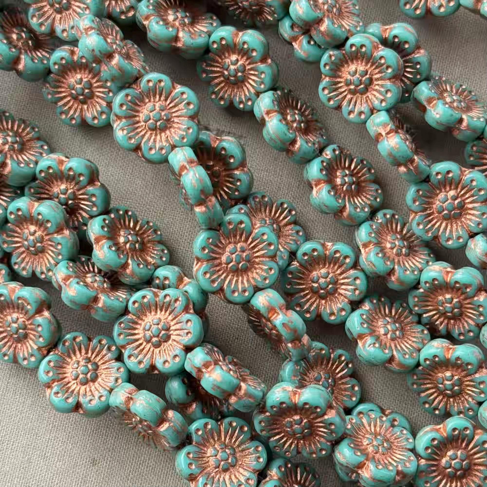 Turquoise Copper Flower Beads, Czech Glass Pressed Flowers, 14mm