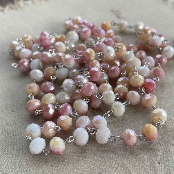 Southern Belle, Peach Cobbler Beaded Chain, Marbled Crystal Chain, 8mm Rondelle Crystal, Easy Open Eyepin Silver Chain, 1 Ft, Dry Gulch
