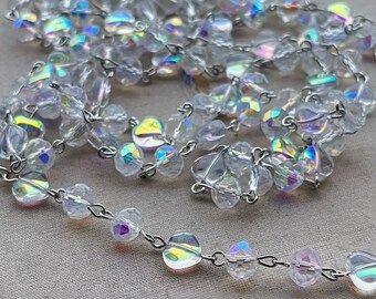 Sweetheart, Heart Crystal Bead Chain, Clear AB Heart Bead Chain, 8mm Rondelle Heart Crystal, Easy Open Eyepin Silver Chain, 1Ft, Dry Gulch