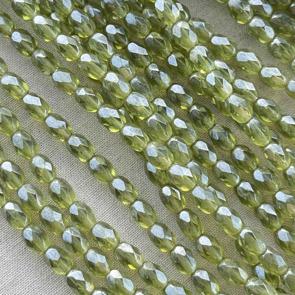 Olivine Czech Glass Rice Beads, 6x4mm Rice Beads, Rice Oval Tube Fire Polish, Faceted Fire Polish, 25Pcs, Dry Gulch, Olivine Luster