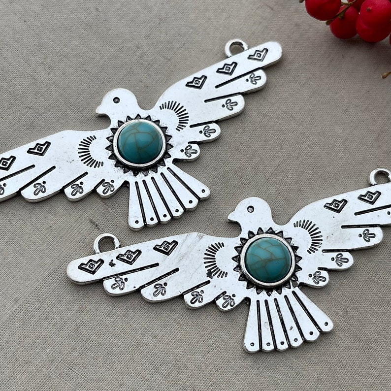 Thunderbird Pendant, Plated Thunderbird Pendant with Faux Turquoise Stone, Thunderbird Jewelry Findings, 80x32mm, 2 Pcs, Dry Gulch image 2