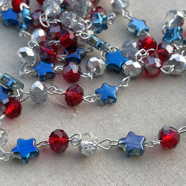 Star Spangled Banner, Crystal Bead Chain, USA Beaded Chain, 8mm Rondelle Star Crystals, Easy Open Eyepin Silver Chain, 1Ft, Dry Gulch