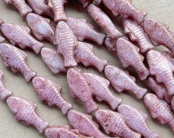 Pink Mauve Fish Beads, Czech Glass Fish Beads, Bronze Finish Fish Bead, Metallic Fish Beads, 24x12mm, 6 Beads, Dry Gulch, Mauvelous Betta